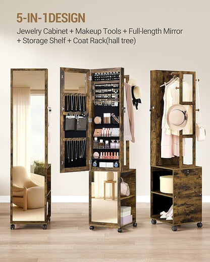 Hzuaneri 8 LEDs Jewelry Cabinet Armoire, 66.9-inch Jewelry Organizer | Lockable Full-length Mirror with Garment Rack & 4 Wheels, Storage Shelves with Hooks, 5-in-1, Toasted Oak JC17007B