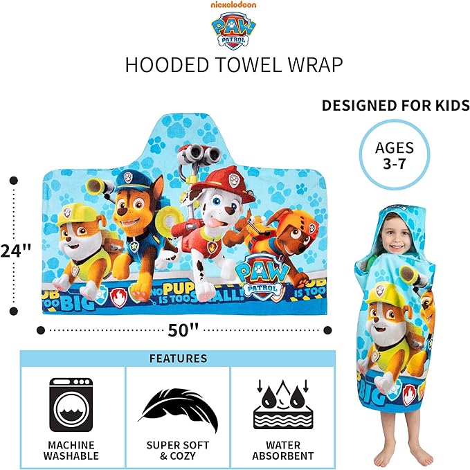 Paw Patrol Blue Bath/Pool/Beach Soft Cotton Terry Hooded Towel Wrap, 24" x 50", By Franco Kids