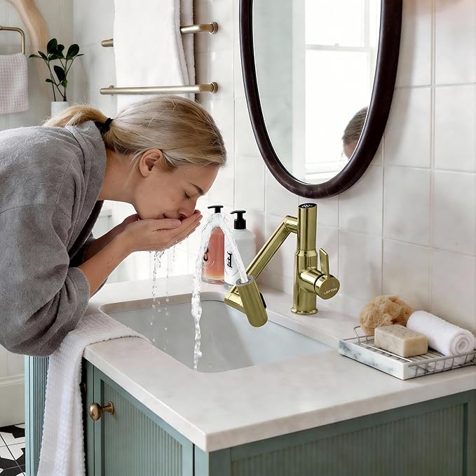 Lefton Rotatable Bathroom Faucet with Temperature Display in Fahrenheit (Batteries-Free), 3 Water Outlet Modes, Polished Gold, BF2204-5