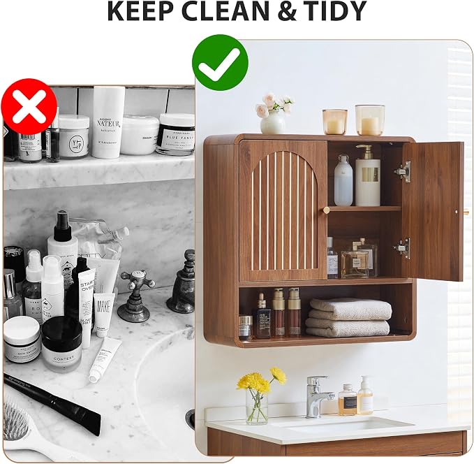 Wall Mounted Storage Cabinet Wood Medicine Cabinet, Over Toilet Organizers | Walnut Over Toilet Storage, Mid-Century Bathroom Wall Cabinet with Adjustable Shelf & Door for Bathroom Laundry Room Kitchen