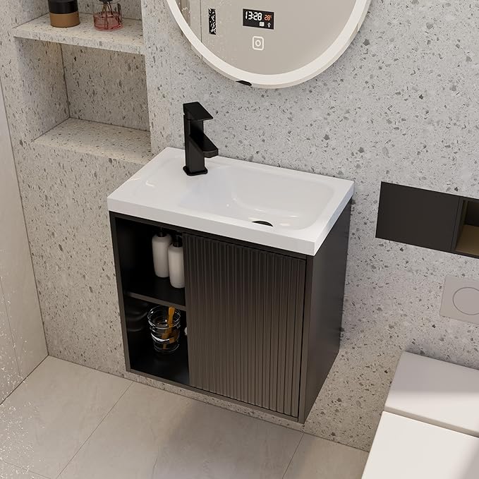 eclife 20" Floating Bathroom Vanity Sink Combo for Small Space, Wall-Mounted Guest Toilet Wash Basin Cabinet with Opening Shelf, Soft Closing Door, Black Painted