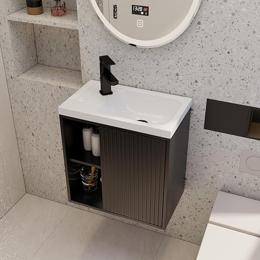 eclife 20" Floating Bathroom Vanity Sink Combo for Small Space, Wall-Mounted Guest Toilet Wash Basin Cabinet with Opening Shelf, Soft Closing Door, Black Painted