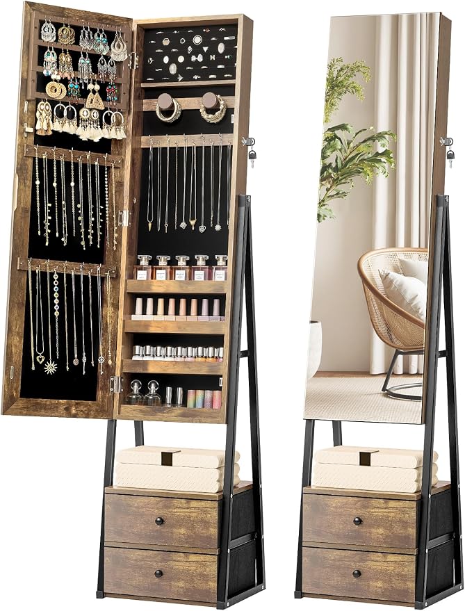 Nicetree Mirror Jewelry Cabinet, Lockable Full Length Mirror, 2 Drawers | Standing Jewelry Armoire with Mirror, Mirror with Jewelry Storage, Adjustable Angles, Easy Assembly, Gift Idea, Rustic Brown