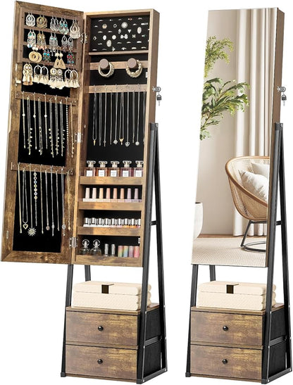 Nicetree Mirror Jewelry Cabinet, Lockable Full Length Mirror, 2 Drawers | Standing Jewelry Armoire with Mirror, Mirror with Jewelry Storage, Adjustable Angles, Easy Assembly, Gift Idea, Rustic Brown