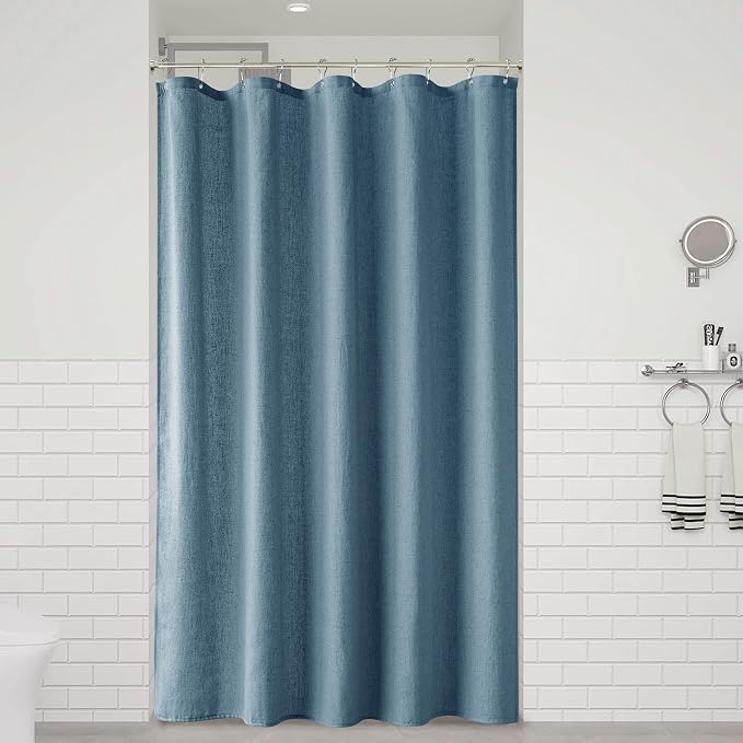 Blue Linen Shower Curtain, Cloth Textured Fabric Shower Curtain Set with Hooks, Simple Elegant Modern Farmhouse Country Ultra Thick Bath Curtains for Bathroom,Water Repellent,60x72