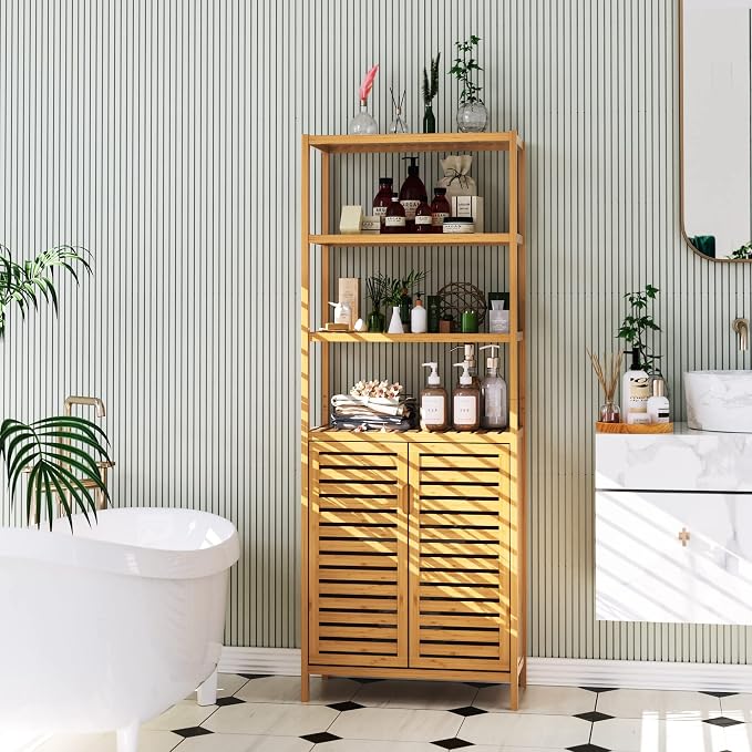 66" Tall Bathroom Storage Cabinet, Natural Bamboo Cabinet, for Narrow | Bathroom Floor Cabinet with 2 Doors & 4-Tier Open Shelves, Corner Freestanding Organizer Unit for Bath, Living Room, Entryway