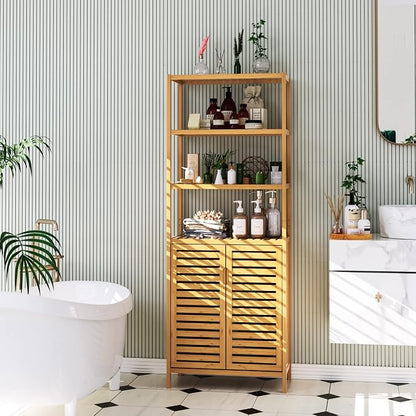 66" Tall Bathroom Storage Cabinet, Natural Bamboo Cabinet, for Narrow | Bathroom Floor Cabinet with 2 Doors & 4-Tier Open Shelves, Corner Freestanding Organizer Unit for Bath, Living Room, Entryway