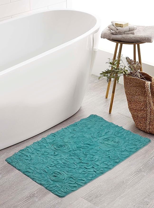 Home Weavers Bell Flower Collection 100% Cotton Tufted Bath Rugs, Extra Soft and Absorbent Bath Rugs, Non-Slip Bath Mats, Machine Washable, Bathroom Bath Mats for Floor, 21"x34" Rectangle, Turquoise