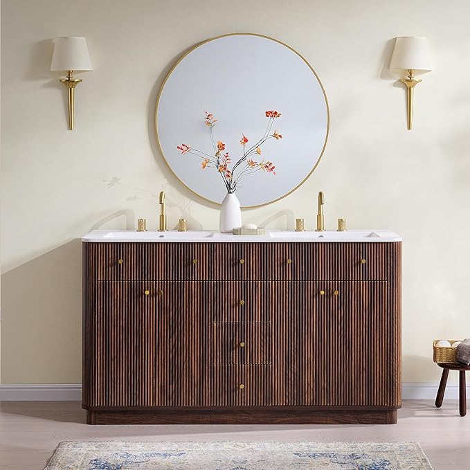 T4TREAM 60 Inch Bathroom Vanity with Sink, Modern Fluted Large Double Sink Bathroom Vanity with 2 Storage Cabinets, Adjustable Shelf, and 3 Small Drawers, Dark Walnut