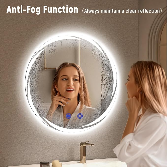 32“ x 32” LED Bathroom Smart Mirror- Anti-Fog, Round Mirror with Three Color Light Temperature Brightness Settings,Backlit + Front Lit,Wall-Mounted Vanity Mirror with Memory Function
