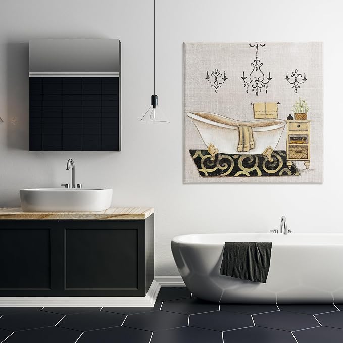 Vintage Bathroom Tub Floral Still Life, 36 x 36 Inch Canvas Wall Art | Stupell Industries · By Janet Tava · Ready to hang · Serene decor for bathroom or bedroom · Made in USA