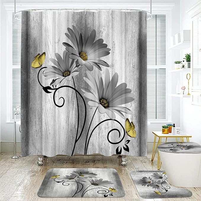 Onalasyc 4PCS Grey Daisy Floral Bathroom Sets with Shower Curtain and Rugs | Country Floral Butterfly Shower Curtain Set,Modern Bathroom Decor Shower Curtains Set with Rugs Toilet Lid Cover and 12 Hooks