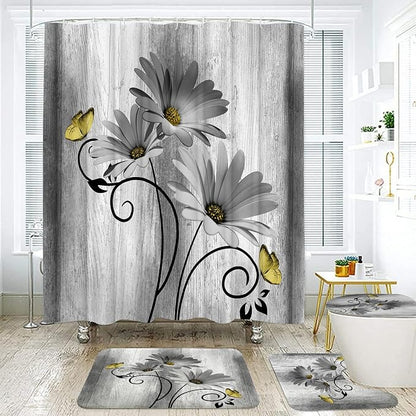 Onalasyc 4PCS Grey Daisy Floral Bathroom Sets with Shower Curtain and Rugs | Country Floral Butterfly Shower Curtain Set,Modern Bathroom Decor Shower Curtains Set with Rugs Toilet Lid Cover and 12 Hooks