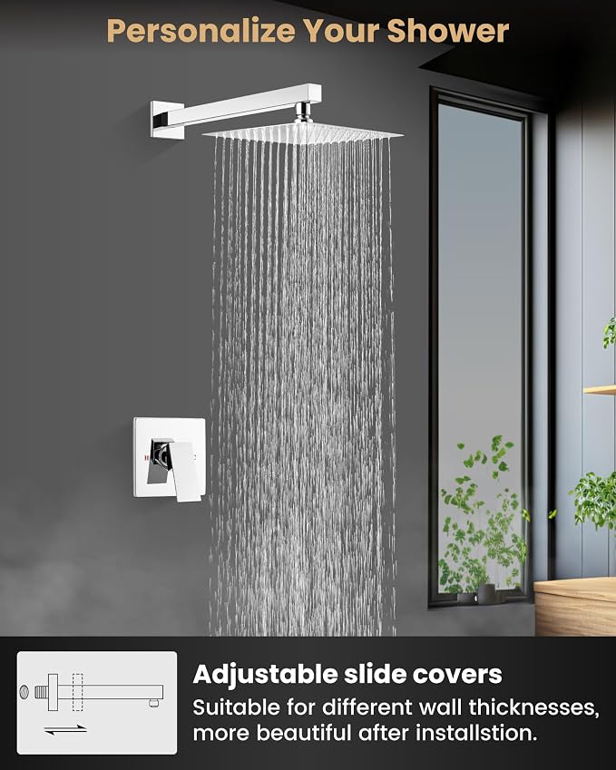 Airuida 10 Inch Chrome Polish Shower Faucet Set,Shower Valve Kit | Rainfall Shower Head and Handle Set,Female Thread Rough-in Valve Shower Kit,Single Function Shower System