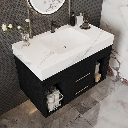 30" Bathroom Vanity with Sink Set, Modern Black Wall Mounted Bathroom Vanity Cabinet with Sintered Stone Top&Gold Handle 2 Drawers&2 Open Storage, Single Sink Floating Bathroom Vanity