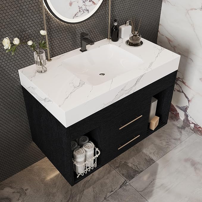 30" Modern Black Bathroom Vanity Sink Set Wall-Mounted Bathroom Vanities with Sintered Stone Top&Ceramic Undermount Sink 30 inch Floating Bathroom Sink Cabinet with 2 Drawers&2 Cabinets
