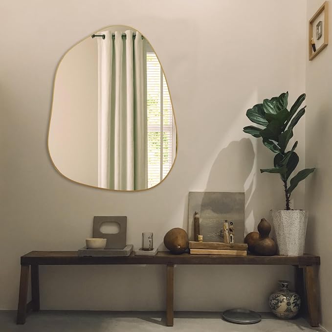 PERFNIQUE Irregular Asymmetrical Wall Mirror, 32"x24" Gold Bathroom Mirror | Decorative modern boho mirror with gold finish. HD glass mirror for bedroom, living room, entryway, mantel and vanity decor