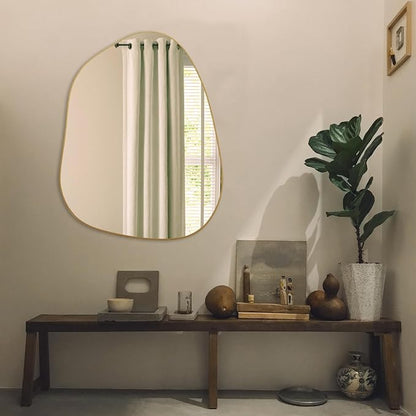 PERFNIQUE Irregular Asymmetrical Wall Mirror, 32"x24" Gold Bathroom Mirror | Decorative modern boho mirror with gold finish. HD glass mirror for bedroom, living room, entryway, mantel and vanity decor