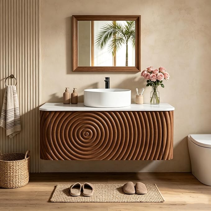 36" Floating Bathroom Vanity with Sink, Mid-Century Wall Mounted Bathroom Vanity Cabinet with Waved Decor, Ceramic Vessel Basin, Sintered Stone Top, Soft Close Storage Drawer, Walnut