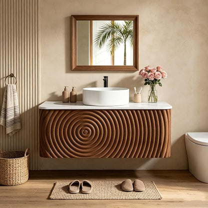 36" Floating Bathroom Vanity with Sink, Mid-Century Wall Mounted Bathroom Vanity Cabinet with Waved Decor, Ceramic Vessel Basin, Sintered Stone Top, Soft Close Storage Drawer, Walnut