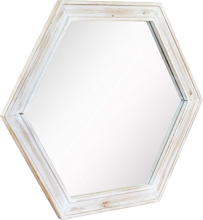 Stonebriar Decorative 24" Hexagon Wall Mirror with Worn White Wood Frame and Attached Hanging Bracket, Decorative Country Rustic Decor for the Living Room, Bedroom, Bathroom, Hallway, and Entryway