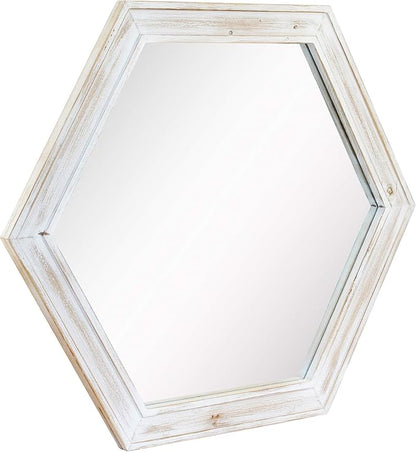 Stonebriar Decorative 24" Hexagon Wall Mirror with Worn White Wood Frame and Attached Hanging Bracket, Decorative Country Rustic Decor for the Living Room, Bedroom, Bathroom, Hallway, and Entryway