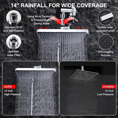 Rainfall Shower Head with Handheld, 14 Inch Rain Shower Head Combo,High Pressure Fixed Showerhead and 10 Spray Settings Handheld Shower Heads,Bathroom Accessories,Chrome