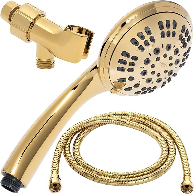 Luxury Handheld Shower Kit - 1.8 GPM - Polished Brass | 6 Function High Pressure Removable Hand Held Showerhead with Hose and Mount, Easy Install for Boosting Low Water Flow Baths