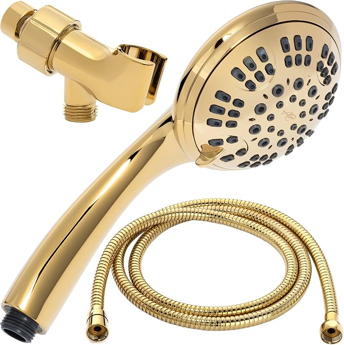 Luxury Handheld Shower Kit - 2.5 GPM - Polished Brass | 6 Function High Pressure Removable Hand Held Showerhead with Hose and Mount, Easy Install for Boosting Low Water Flow Baths