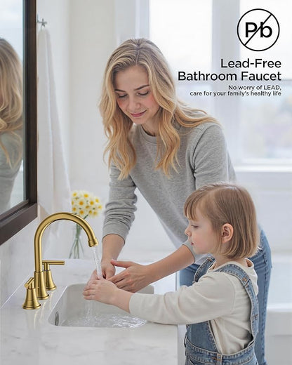FORIOUS Gold Bathroom facuet 3 Hole, 8 inch Brushed Gold Bathroom Sink Faucet Widespread with 360° Swivel Spout and Spare Water-Saving Aerator and Drain, 3 Piece Vanity Tap for Restroom Upgrade
