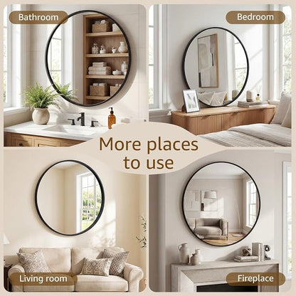 DUMOS 24 Inch Round Wall Mirror, Bathroom Mirrors for Over Sink | Matte Metal Framed Circle Mirror, Wall Decor for Bedroom, Entryway, Anti-Rust, Tempered Glass, Hanging or Leaning, Black