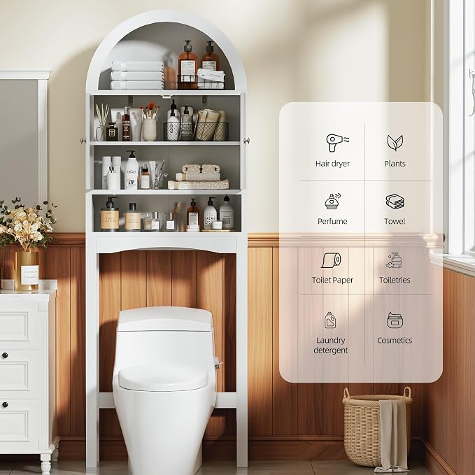 Spurgehom Arch Over The Toilet Storage Cabinet, Bathroom Organizer (White) | Freestanding Bathroom Shelf Equipped with Anti-Tipping Device, Space-Saving Vertical Toiletries Storage Cabinet