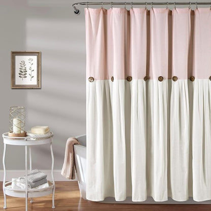 Lush Decor Linen Button Shower Curtain, 72" W x 72" L, Blush & Off White - Pink Bathroom Curtain - Fabric Shower Curtains - Farmhouse Bathroom Decor (Pack of 6)