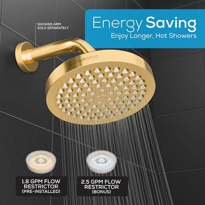 SparkPod Rain Shower Head, 6 Inch Round, Egyptian Gold Finish | High Pressure Shower Heads, 90 Nozzles, Adjustable Showerhead, No Tools Needed, Universal Connection
