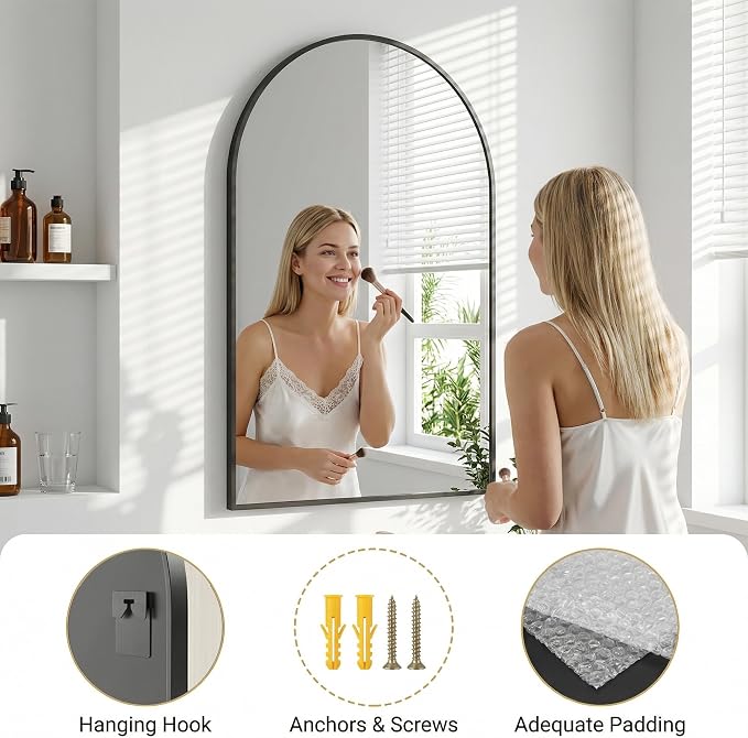 Antok Arched Bathroom Mirror, 24"x36" Wall Mounted Mirror, Vanity Mirrors for Over Sink, Aluminum Alloy Frame Bathroom Mirrors Living Room, Bedroom and Entryway, Black
