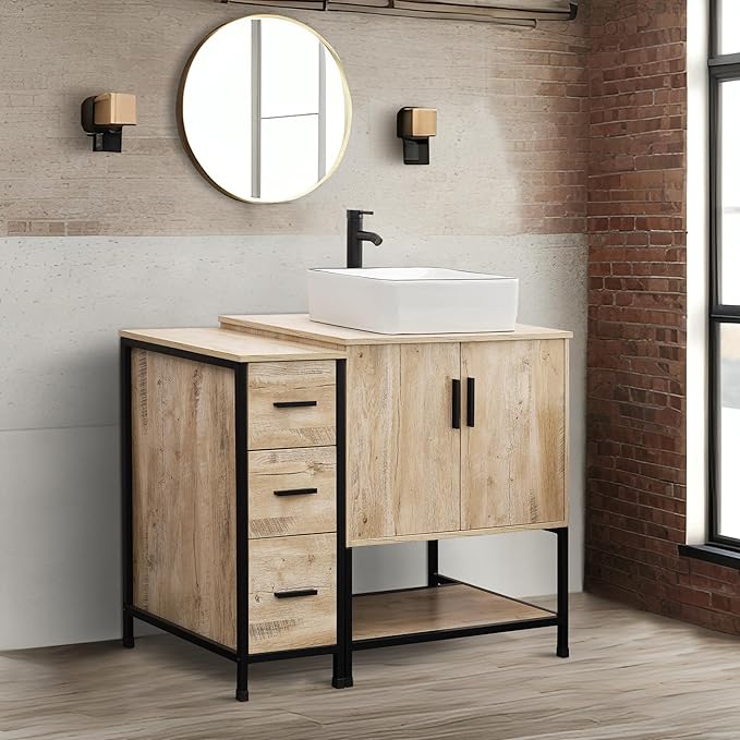 UEV 42" Rustic Oak Bathroom Vanity with Sink Combo,Industrial Iron Frame Bathroom Cabinet Sets with 3 Drawers Side Cabinet,Modern Artistic Ceramic Vessel Sink(031WH)