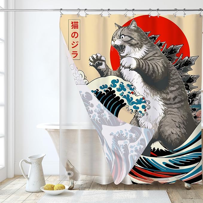 3 in 1 Funny Japanese Cat Shower Curtain with PEVA Liner Set, Vintage Cat Art Japan Anime Wave Fabric Shower Curtain with 12 Double Sided Stainless Steel Shower Curtain Hooks for Bathroom, 72 x 72