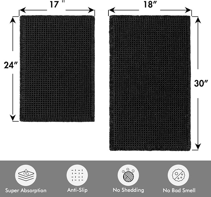 MIULEE Set of 2 Waffle Bathroom Rugs Boho Bath Mat Black 17"x24"+18"x30" | Non Slip, Super Absorbent, Washable, Ultra Soft, Rubber Backed, Small Bath Rugs for Bathroom Floor Tub Shower