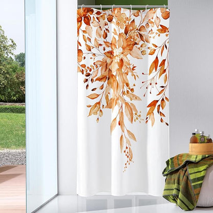 Orange Eucalyptus Shower Curtain, Watercolor Floral Print, 36x72 | Watercolor Plant Leaves Floral Print, Waterproof Fabric Bathroom Decor, Machine Washable, Rustproof Grommets