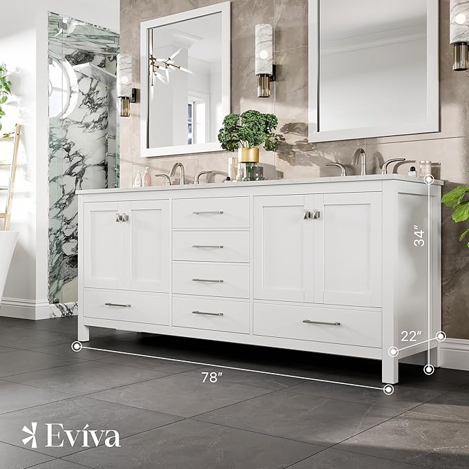 Eviva Aberdeen 78 in. White Double Sink Bath Vanity with Carrara Quartz Top and Undermount Porcelain Sinks
