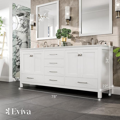 Eviva Aberdeen 78 in. White Double Sink Bath Vanity with Carrara Quartz Top and Undermount Porcelain Sinks