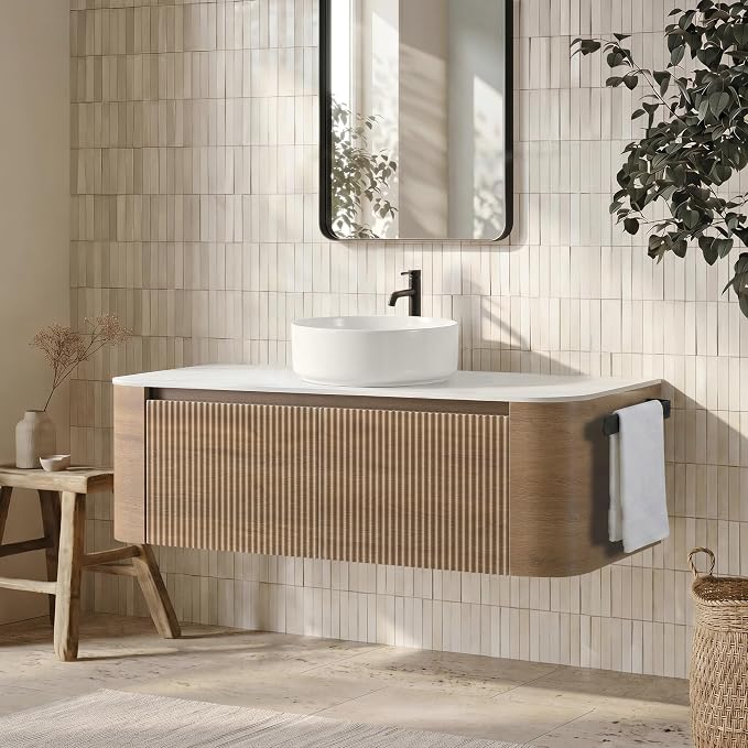 48" Floating Bathroom Vanity with Sink, Rounded Edges, Honey Oak | Pre-Assembled Fluted Wall Mounted Vanity with White Ceramic Vessel Sink and Countertop, Soft-Close Drawer & Towel Rack