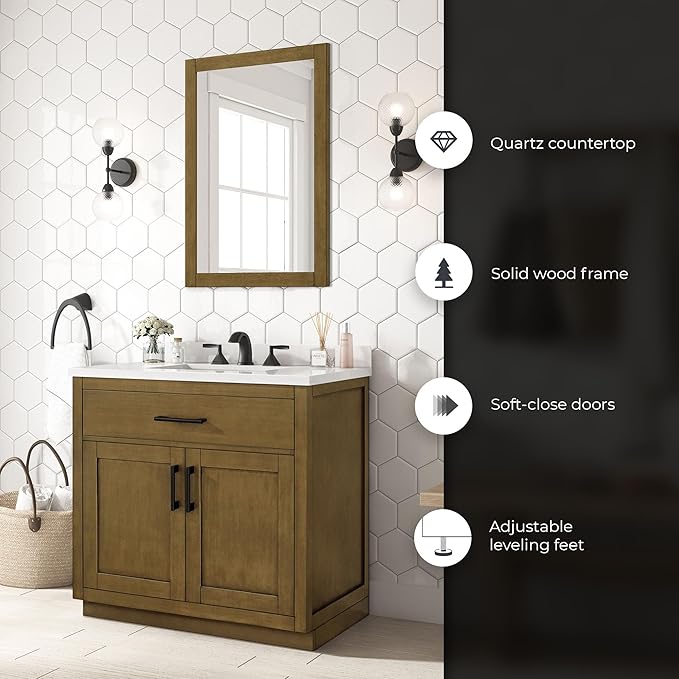 OVE Decors Bailey 36 in. Single Sink Freestanding Almond Latte Bathroom Vanity with White Quartz Top and Matching Backsplash