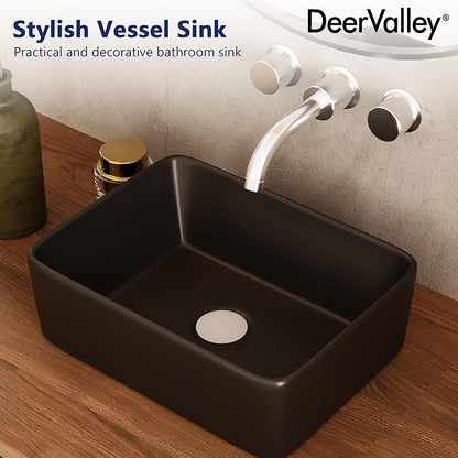 DeerValley 16x12 Inch Black Rectangular Vessel Sink, Above Counter Porcelain Ceramic Top Mount Sink, Countertop Vanity Art Basin for Bathroom, DV-1V0048B