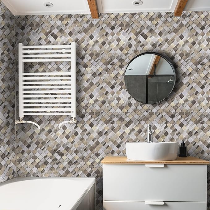 STICKGOO Arabesque Peel and Stick Backsplash Tile, Stick on Backsplash for Kitchen and Bathroom, Gold Wood Grain Marble Look PVC Mixed Metal Aluminum Mosaic Tiles(10 Sheets)