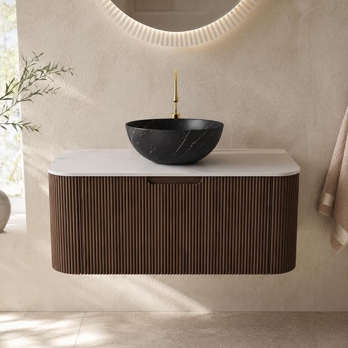 36 Inch Bathroom Vanity with Sink, Floating Wall Mounted Single Sink Vanity, Dark Walnut Curved Fluted Front, Stone Top, Black Marble Vessel Basin, Pre-Assembled