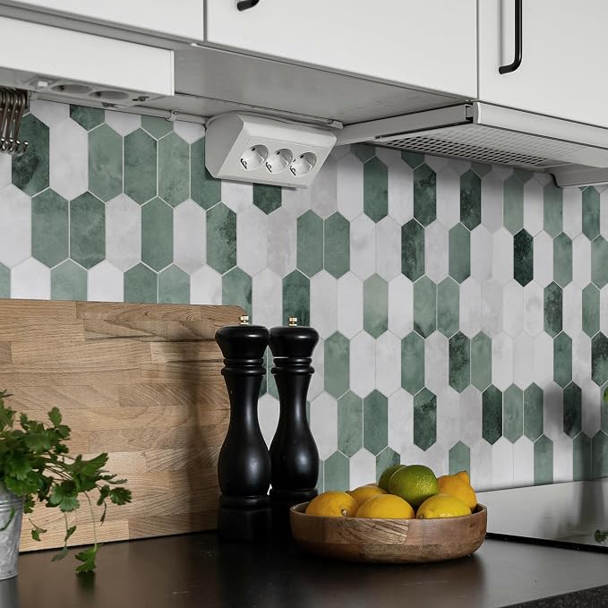 The Tiles Plaza 10-Sheet Peel and Stick Backsplash, 12" x 11.5" Green Cement Long Hexagon Self Adhesive Wall Tile, Stone Composite Stick On Decorative Mosaic Tile for Kitchen Bathroom Fireplace