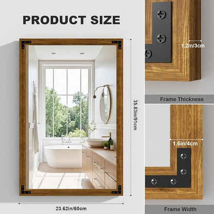 Hasipu Farmhouse Bathroom Mirror, 24"x36" Rustic Wood Framed Wall Mounted Mirror, Walnut Vintage Vanity Mirror Modern Farmhouse Style Decrative Mirrors