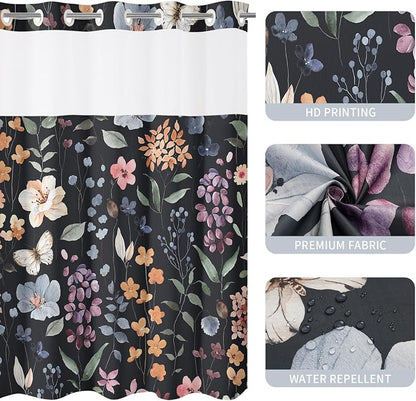 Litabel No Hook Black Watercolor Floral Shower Curtain and Liner Set, 36x74 | Flower Shower Curtains with Snap-in Liner for Farmhouse Bathroom Decor, Botanical Bathroom Curtain with Leaves