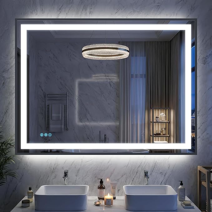 Antok 48X36 LED Bathroom Mirror with Lights, Vanity Mirror for Wall with Black Frame, Touch Control, Anti-Fog, Dimmable Lights, Shatter-Proof, Memory Function, Wall-Mounted Vanity Mirrors